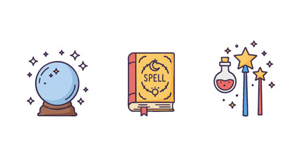 A vibrant collection of magical tools, featuring a glowing crystal ball, an ancient spellbook, and enchanting wands with a mystical potion, ideal for fantasy and mystical themes