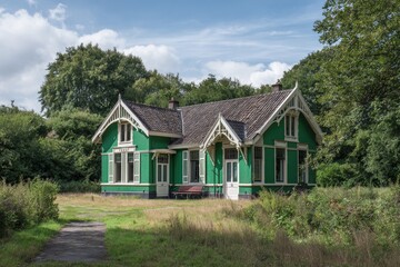Green house nestled in a wooded area