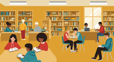 Diverse students studying in library with books and laptops. Vector illustration