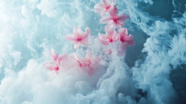 Floral underwater bloom with pink blossoms in dreamy ocean concept for creative photography composition visual styling scene background design