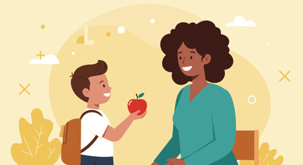 Young hispanic boy gives red apple to african female teacher in classroom setting. Vector illustration