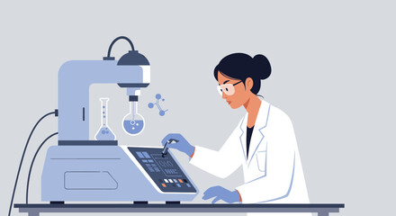 Asian female scientist operating lab equipment with touchscreen technology in modern laboratory. Vector illustration