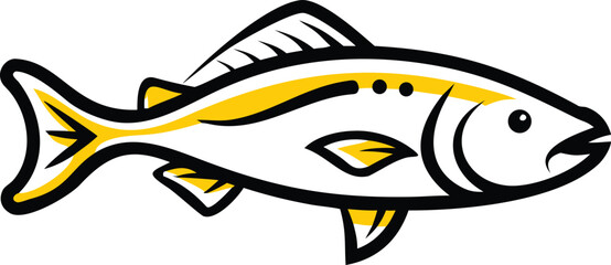 Stylized fish swims against a white backdrop outlined in black and filled with yellow