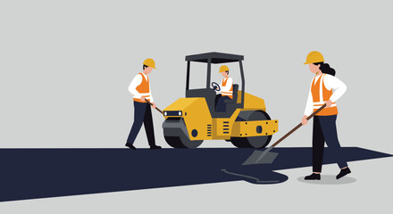Road construction crew with steamroller and workers in safety gear on site. Vector illustration