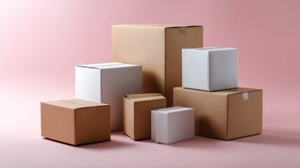 Cardboard and white boxes stacked on pastel background for minimalist delivery packaging composition concept scene product