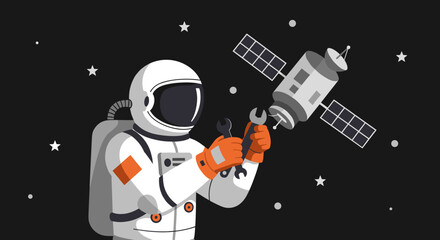 Astronaut repairing satellite in space with tools against starry background. Vector illustration