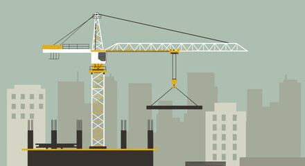 Construction site with crane lifting steel beam in urban skyline silhouette. Vector illustration
