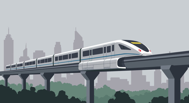 Futuristic elevated train on monorail track with urban skyline in background. Vector illustration