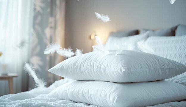 Stack of white pillows with feathers gently flying around in a bright, cozy bedroom. Promotional image for soft, comfortable pillows