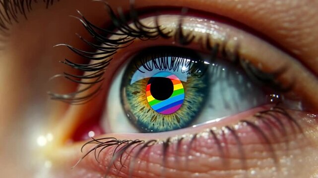 lgbt, rainbow reflections, eye close-up. Visual perception. Sunlight creates rainbow reflections. Iris pattern affects color perception. Eye health ensures clear vision.