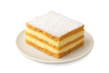 Delicious mille-feuille pastry dusted with powdered sugar, sitting on a white plate, with a transparent background for easy integration into food projects