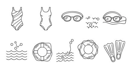 Line art illustration featuring swimming related items: swimsuits, goggles, water, life preservers, and flippers, arranged in two rows on a white background.