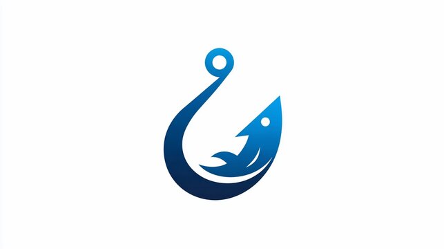Fish hook logo. Blue gradients depict a fish inside the hook. Simple, modern design