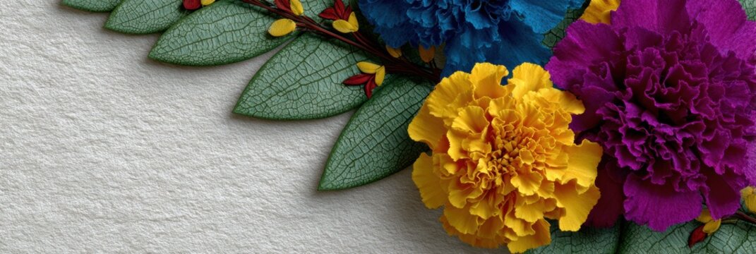 day of the dead web design, web banner featuring watercolor marigolds, sugar skulls, and foliage on parchment background, with a central clean space for the web header