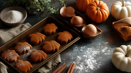 Autumn baking scene with leaf-shaped cookies, pumpkins, and baking ingredients creating a cozy atmosphere.
