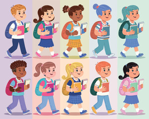 Cartoon illustration of happy kids holding books and going to school Illustration
