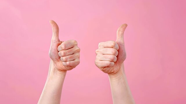 Thumbs Up for Approval: Two hands display the universal gesture of approval against a pink background, showcasing the ease of use for various creative projects. 