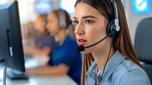 Customer Service in Focus: A dedicated customer service representative, engrossed in her duties, wears a headset in a focused and supportive stance, and is providing assistance.