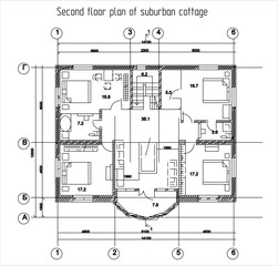 Vector architectural engineering construction
private residential building drawing,
second floor plan, dimensional lines. Industrial design
on sheet of paper. Blueprint of multistory
suburban cottage.