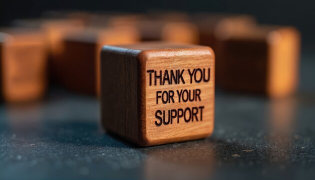 Engraved wooden blocks with words Thank For Support convey gratitude for valued contributions. Mahogany blocks with carved typography represent appreciation, acknowledgment, positive sentiment in