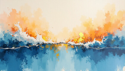 Dynamic Abstract Painting Inspired by Ocean Waves and Sunset with Golden Highlights, Textured