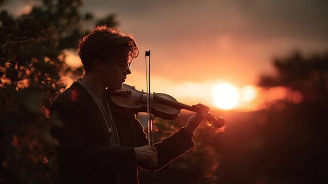 A musician plays a violin at sunset, bathed in warm light. His silhouette is set against a vibrant sky, foliage framing the scene