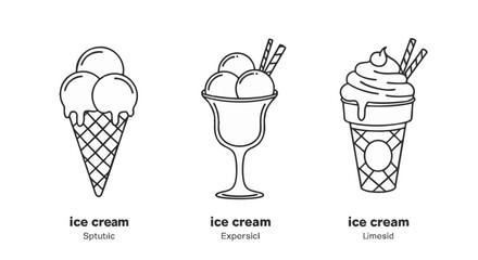 A collection of various ice cream line art illustrations. Vector icons of a waffle cone, sundae, and frozen dessert.