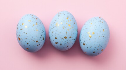 Three light-blue speckled Easter eggs on a pink background