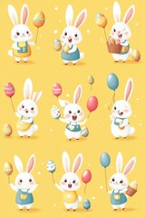 Adorable cartoon bunnies celebrating Easter with colorful eggs and balloons