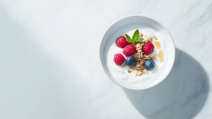 Photorealistic close-up of yogurt with fresh raspberries, blueberries, granola, and mint