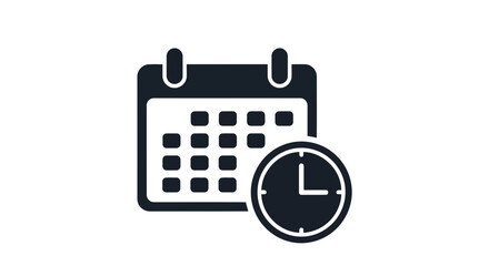 Vector art of a dark stylized icon depicts a calendar page next to a clock face, symbolizing time management and scheduling