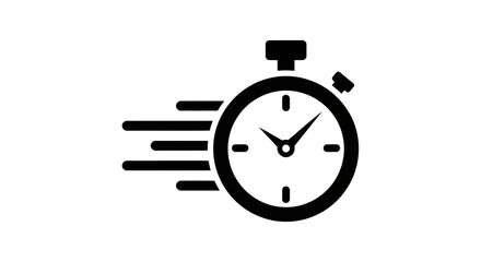 Vector art of a black stopwatch icon with motion lines indicating speed and quickness, isolated on a white background