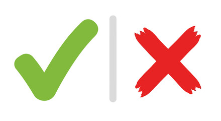 Vector art of a green check mark and a red cross symbol are displayed side by side, representing a choice between correct and incorrect options