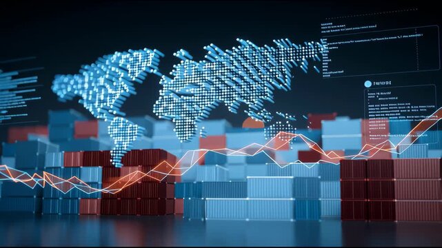 Transportation logistics, supply chain optimization charts, shipping route visualization, cargo port bokeh, global trade analytics. High quality 4k footage