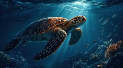 Fototapeta premium Turtle swimming among vibrant sea life with sunbeams illuminating coral reefs and fish, ideal for nature and marine life concepts.