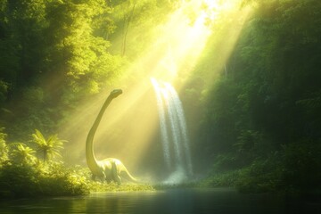 Serene jurassic landscape with diplodocus by waterfall in lush sunlit forest