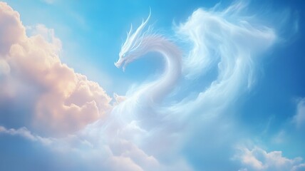 Surreal sky dragon formed from clouds in dreamlike scene