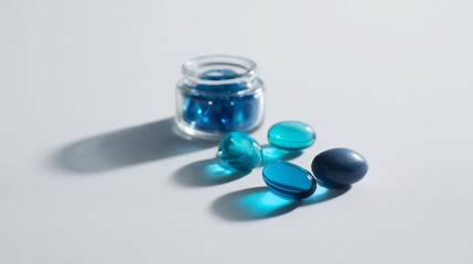 Glass jar with blue pills on white surface for medical healthcare supplement product branding clean scene photography design