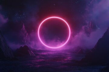 Futuristic neon circle in mystical landscape with textured grain effect