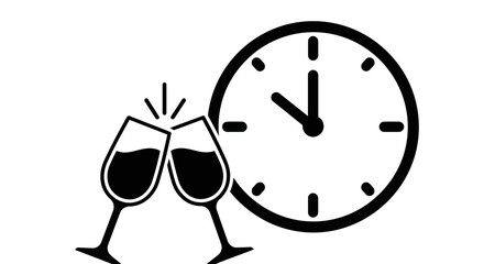 Vector art of two glasses of champagne clinking together in a toast, with a clock in the background indicating a celebratory time