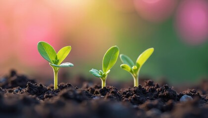 Sprouting seedlings emerge from vibrant garden soil, set against colorful bokeh background. Image growth, hope, new beginnings in nature. Capturing of spring, life, perfect for themes of success,
