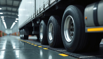 Commercial truck trailer undergoing weighing procedure on large scale platform. AI generated art emphasizes logistics, freight transportation, business operations. Heavy lorry with cargo awaits check