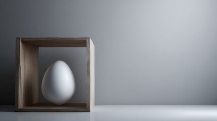 Egg inside wooden cube frame on soft surface for design concept minimalist product branding inspiration clean modern scene composition