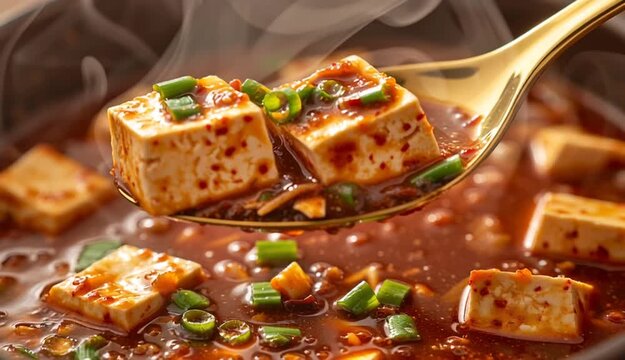 A golden spoon holds two cubes of steaming Mapo Tofu, rich with spicy red sauce and green onions, captured in a dynamic close-up.