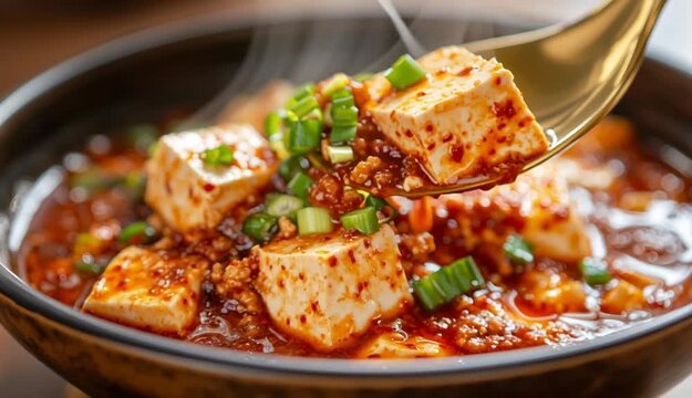 A golden spoon holds two cubes of steaming Mapo Tofu, rich with spicy red sauce and green onions, captured in a dynamic close-up.