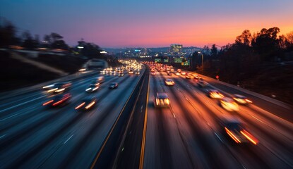 Obraz premium Busy highway at dusk. Cars moving fast. Cityscape in background