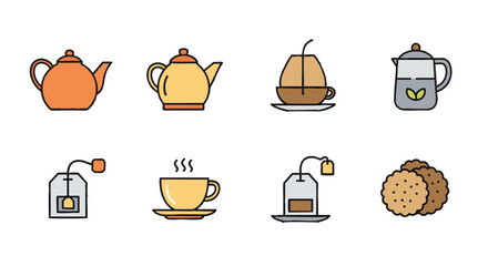 Collection of tea and coffee icons for beverage concepts. Vector graphic set 206 with teapot, cup, and press.