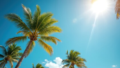 Palm trees against a bright blue sky with sun shining. Rich green leaves contrast with the clear sky. Tropical climate scene perfect for travel and vacation themes. Exotic paradise ambiance.