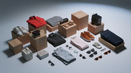 Fashion accessories and boxes arranged for ecommerce product branding lifestyle photography design display packaging concept