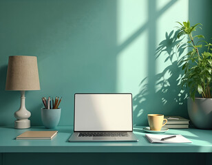 Teal wall background of modern workspace with white laptop on wooden desk. Open computer with white lamp, black mug, and white notebook. Plant adds green plants to minimalist office setup.